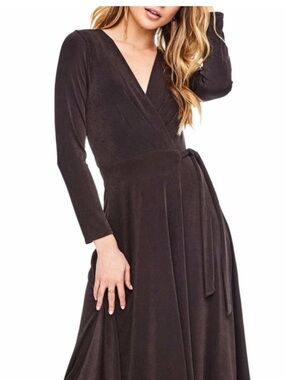 Astr Long Sleeve Wrap High-Low Dress in Dark Brown